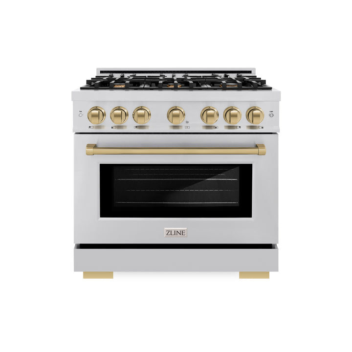 ZLINE Autograph 36" 5.2 cu. ft. Select Gas Range with 6 Burners in Stainless Steel and Champagne Bronze Accents, HGRZ-36-CB