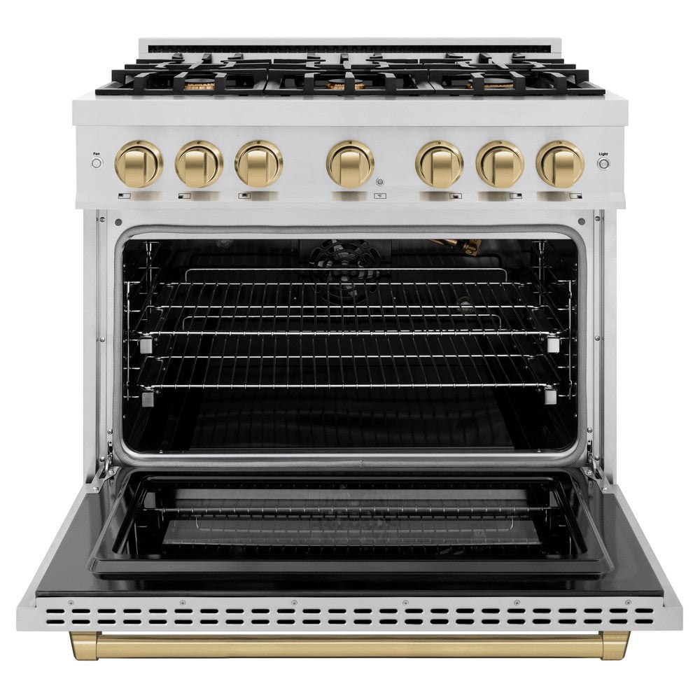 ZLINE Autograph 36" 5.2 cu. ft. Select Gas Range with 6 Burners in Stainless Steel and Champagne Bronze Accents, HGRZ-36-CB