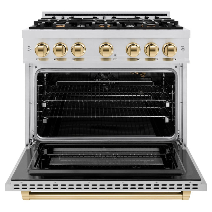 ZLINE Autograph 36" 5.2 cu. ft. Select Gas Range with 6 Burners in Stainless Steel and Polished Gold Accents, HGRZ-36-G