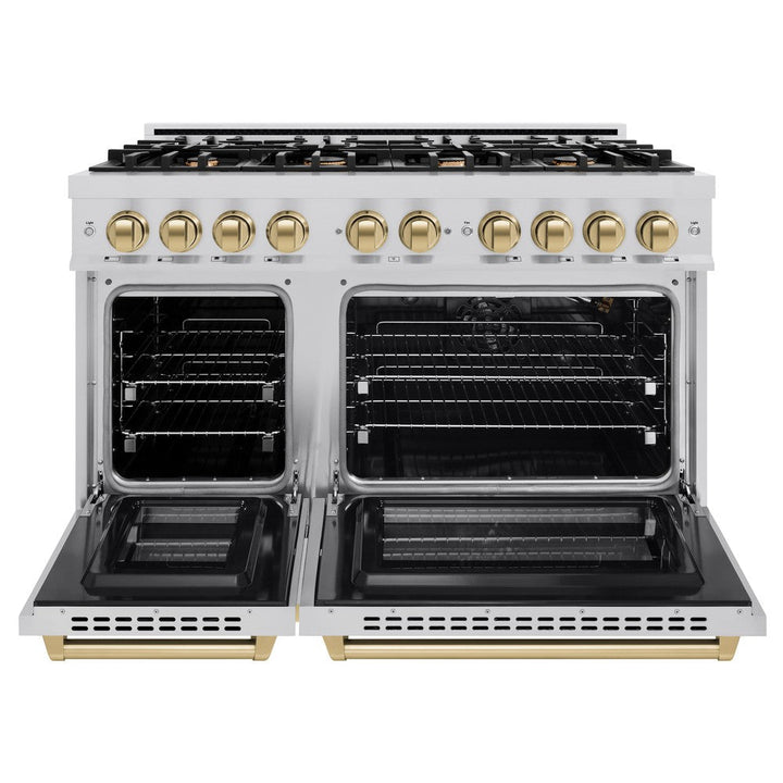 ZLINE Autograph 48" 6.7 cu. ft. Select Double Oven Gas Range with 8 Burners in Stainless Steel and Champagne Bronze Accents, HGRZ-48-CB