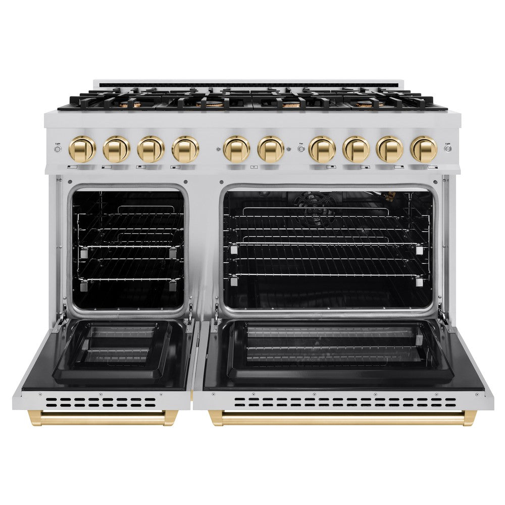 ZLINE Autograph 48" 6.7 cu. ft. Select Double Oven Gas Range with 8 Burners in Stainless Steel and Polished Gold Accents, HGRZ-48-G