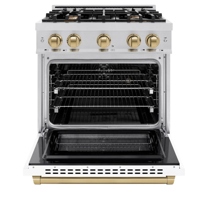 ZLINE Autograph 30" 4.2 cu. ft. Select Dual Fuel Range with 4 Burners in Stainless Steel with White Matte Door and Champagne Bronze Accents, HDRZ-WM-30-CB