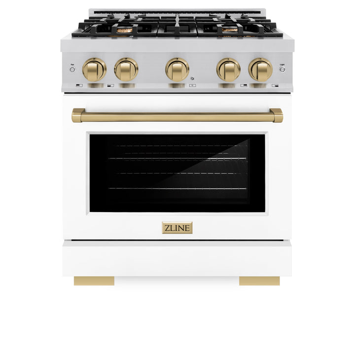 ZLINE Autograph 30" 4.2 cu. ft. Select Dual Fuel Range with 4 Burners in Stainless Steel with White Matte Door and Champagne Bronze Accents, HDRZ-WM-30-CB