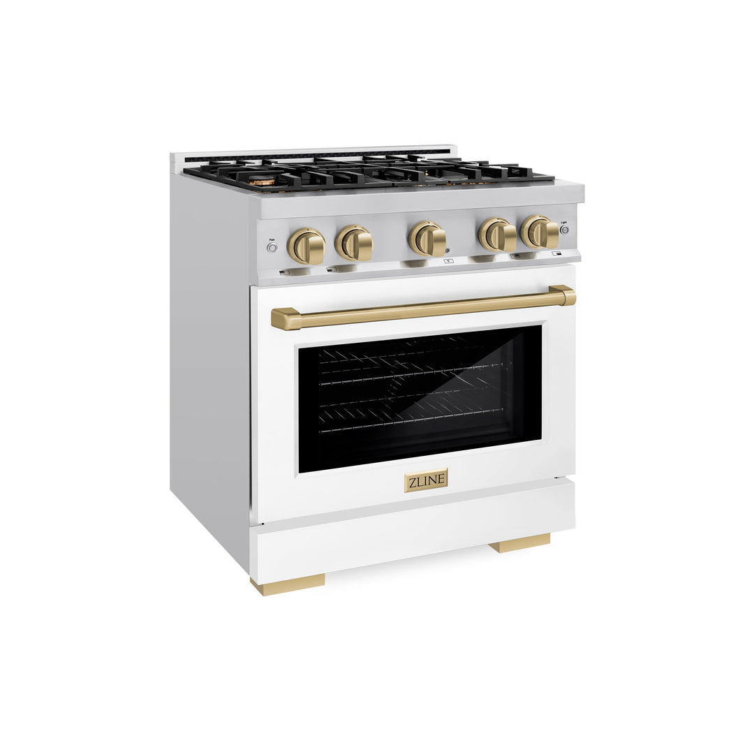 ZLINE Autograph 30" 4.2 cu. ft. Select Dual Fuel Range with 4 Burners in Stainless Steel with White Matte Door and Champagne Bronze Accents, HDRZ-WM-30-CB