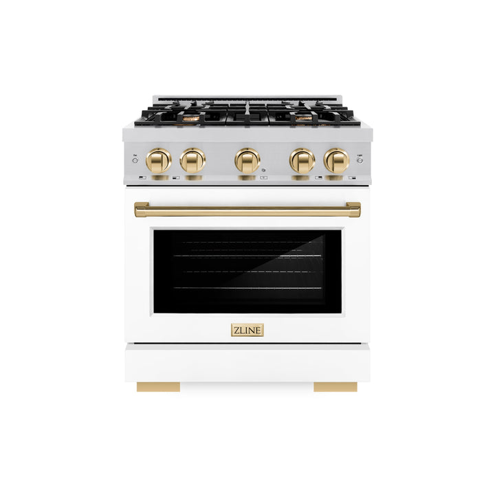 ZLINE Autograph 30" 4.2 cu. ft. Select Dual Fuel Range with 4 Burners in Stainless Steel with White Matte Door and Polished Gold Accents, HDRZ-WM-30-G