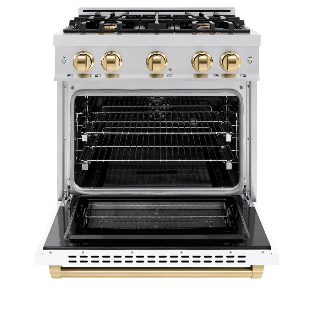 ZLINE Autograph 30" 4.2 cu. ft. Select Dual Fuel Range with 4 Burners in Stainless Steel with White Matte Door and Polished Gold Accents, HDRZ-WM-30-G