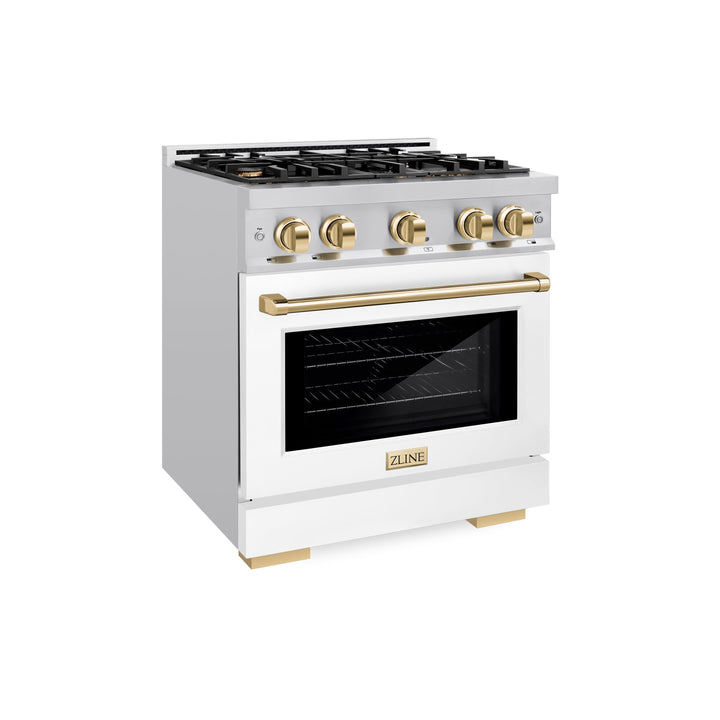 ZLINE Autograph 30" 4.2 cu. ft. Select Dual Fuel Range with 4 Burners in Stainless Steel with White Matte Door and Polished Gold Accents, HDRZ-WM-30-G