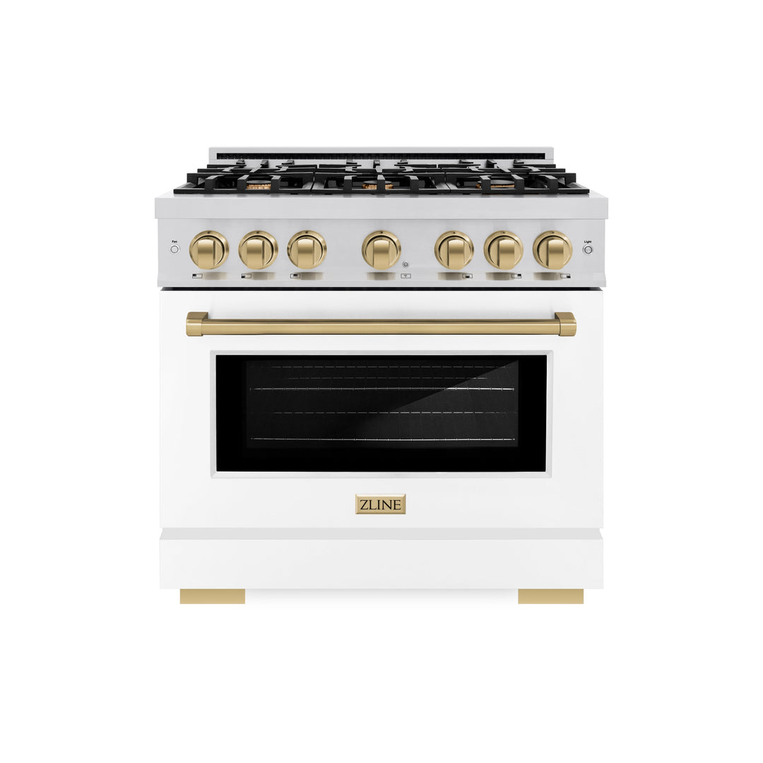 ZLINE Autograph 36" 5.2 cu. ft. Select Dual Fuel Range with 6 Burners in Stainless Steel with White Matte Door and Champagne Bronze Accents, HDRZ-WM-36-CB