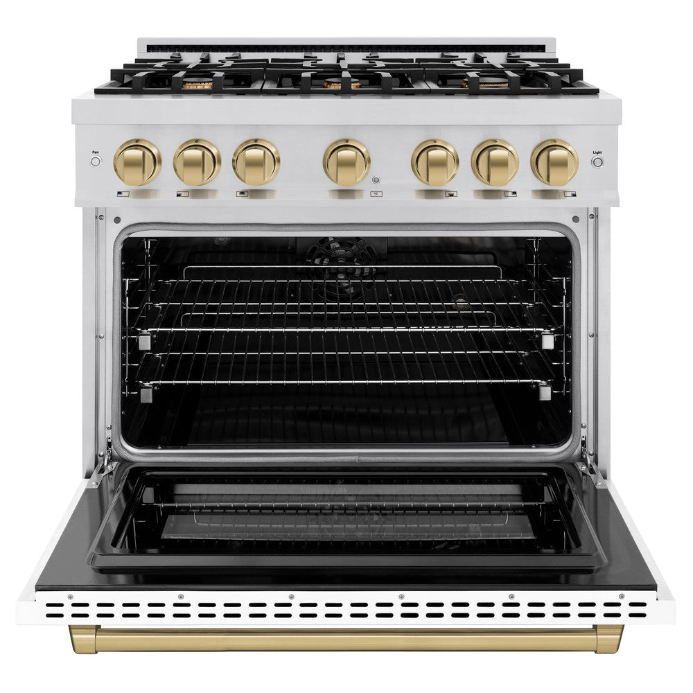 ZLINE Autograph 36" 5.2 cu. ft. Select Dual Fuel Range with 6 Burners in Stainless Steel with White Matte Door and Champagne Bronze Accents, HDRZ-WM-36-CB