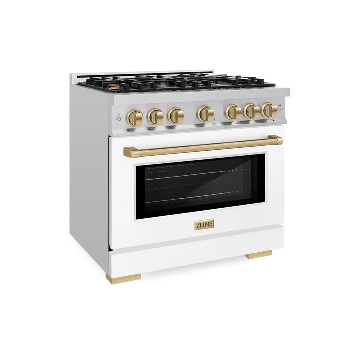 ZLINE Autograph 36" 5.2 cu. ft. Select Dual Fuel Range with 6 Burners in Stainless Steel with White Matte Door and Champagne Bronze Accents, HDRZ-WM-36-CB