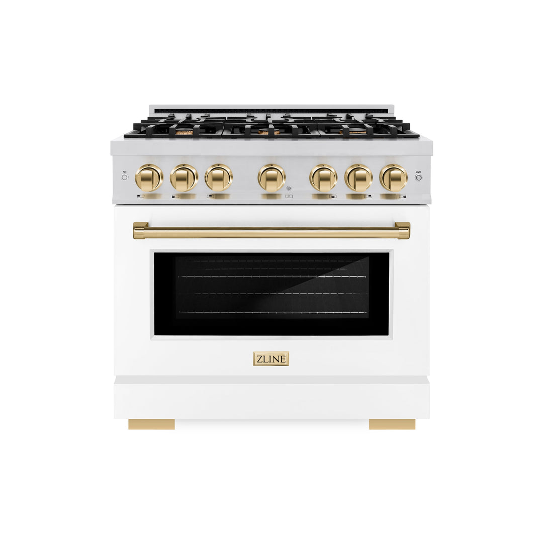 ZLINE Autograph 36" 5.2 cu. ft. Select Dual Fuel Range with 6 Burners in Stainless Steel with White Matte Door and Polished Gold Accents, HDRZ-WM-36-G