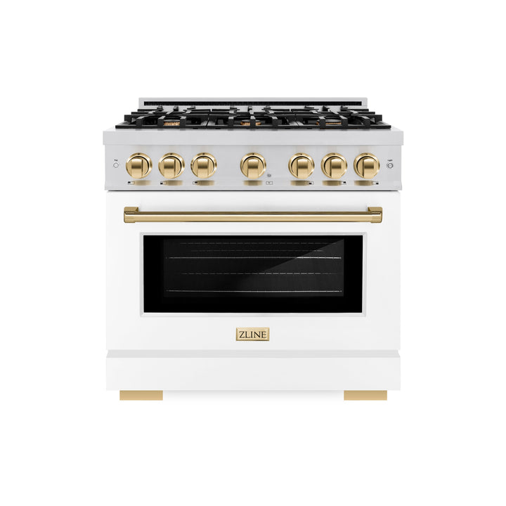 ZLINE Autograph 36" 5.2 cu. ft. Select Dual Fuel Range with 6 Burners in Stainless Steel with White Matte Door and Polished Gold Accents, HDRZ-WM-36-G