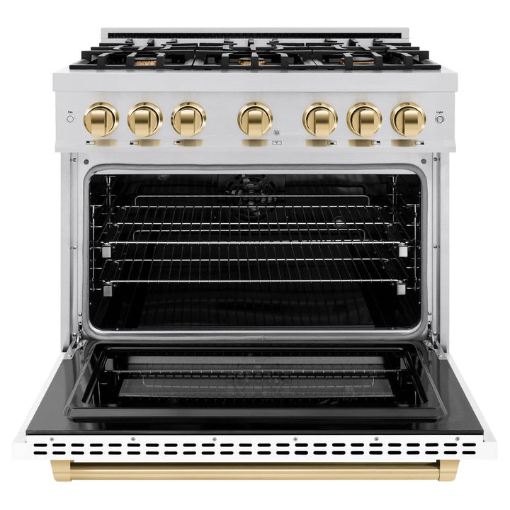 ZLINE Autograph 36" 5.2 cu. ft. Select Dual Fuel Range with 6 Burners in Stainless Steel with White Matte Door and Polished Gold Accents, HDRZ-WM-36-G