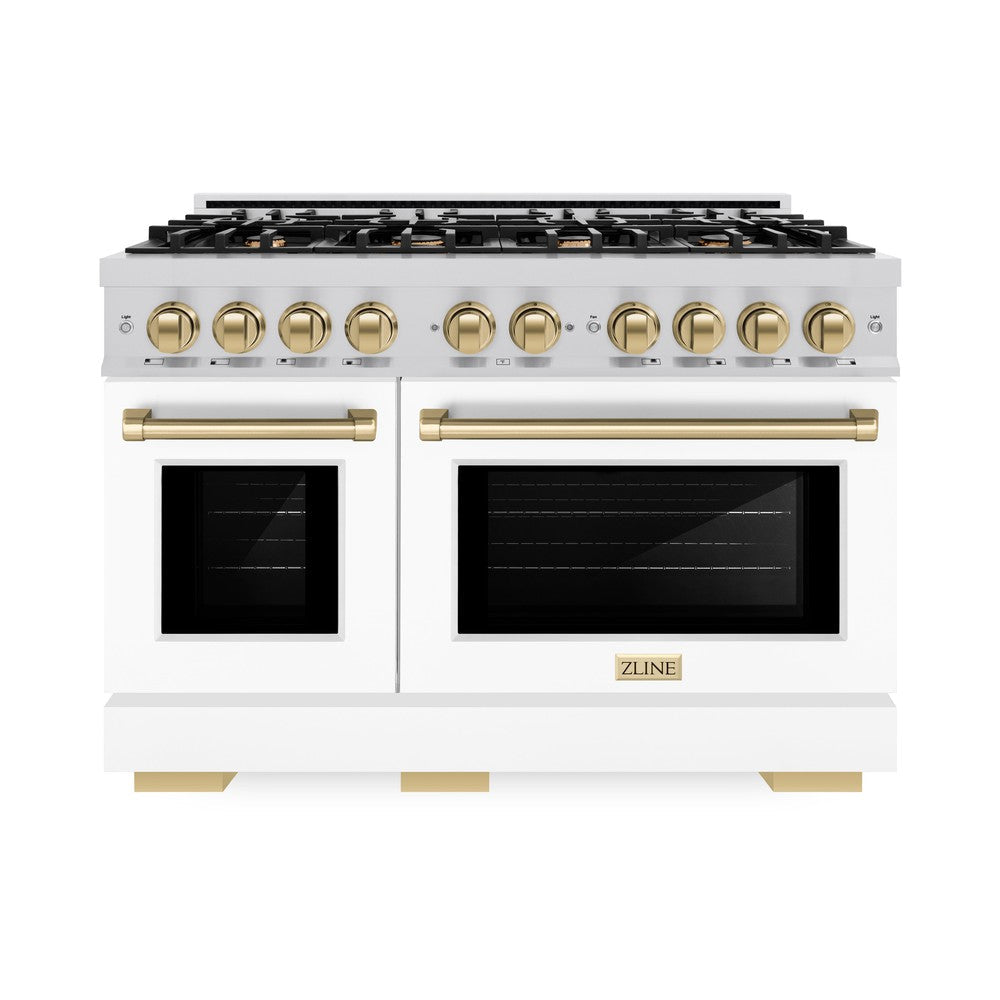 ZLINE Autograph 48" 6.7 cu. ft. Select Double Oven Dual Fuel Range with 8 Burners in Stainless Steel with White Matte Doors and Champagne Bronze Accents, HDRZ-WM-48-CB