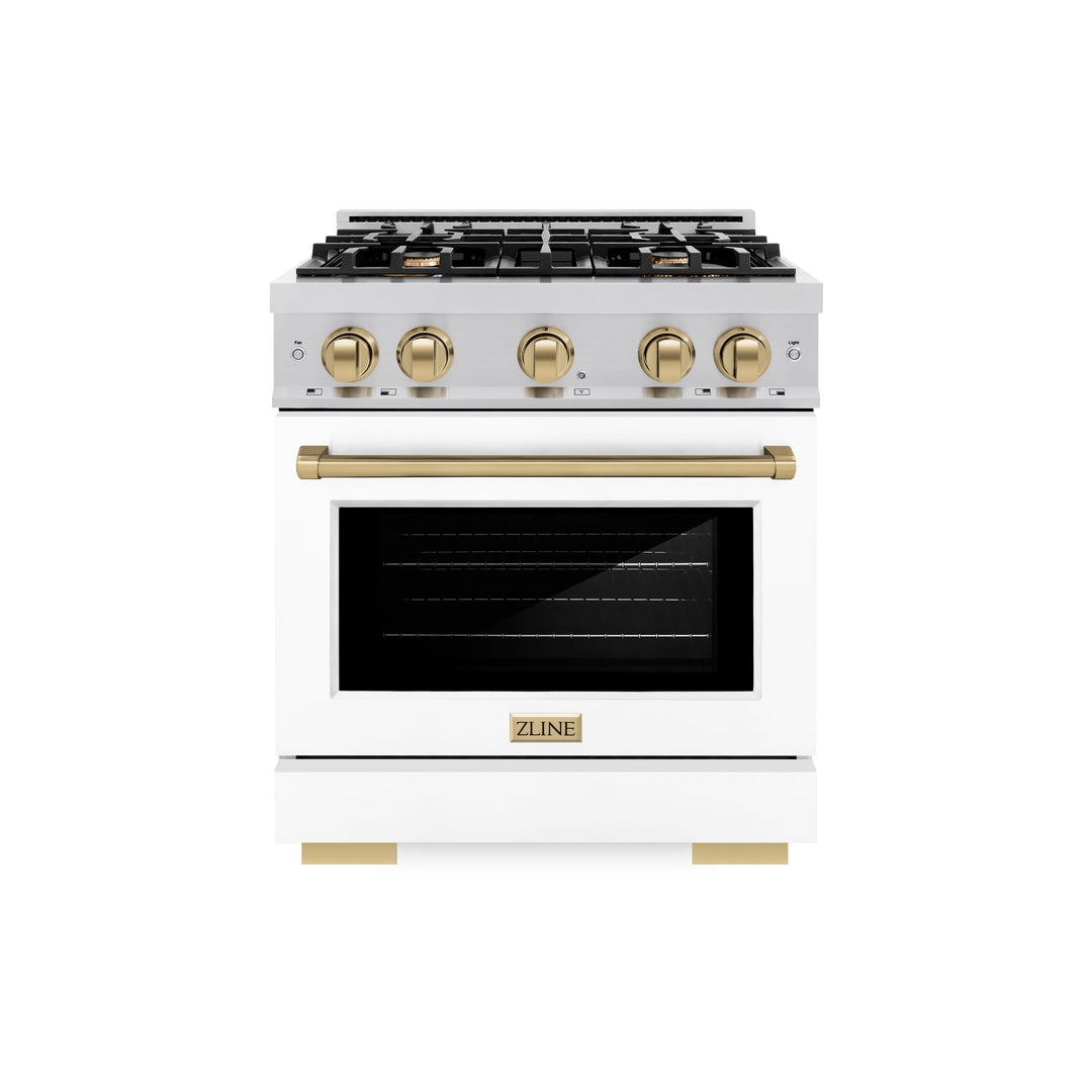 ZLINE Autograph 30" 4.2 cu. ft. Select Gas Range with 4 Burners in Stainless Steel with White Matte Door and Champagne Bronze Accents, HGRZ-WM-30-CB