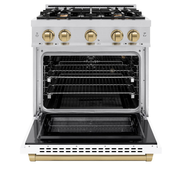 ZLINE Autograph 30" 4.2 cu. ft. Select Gas Range with 4 Burners in Stainless Steel with White Matte Door and Champagne Bronze Accents, HGRZ-WM-30-CB