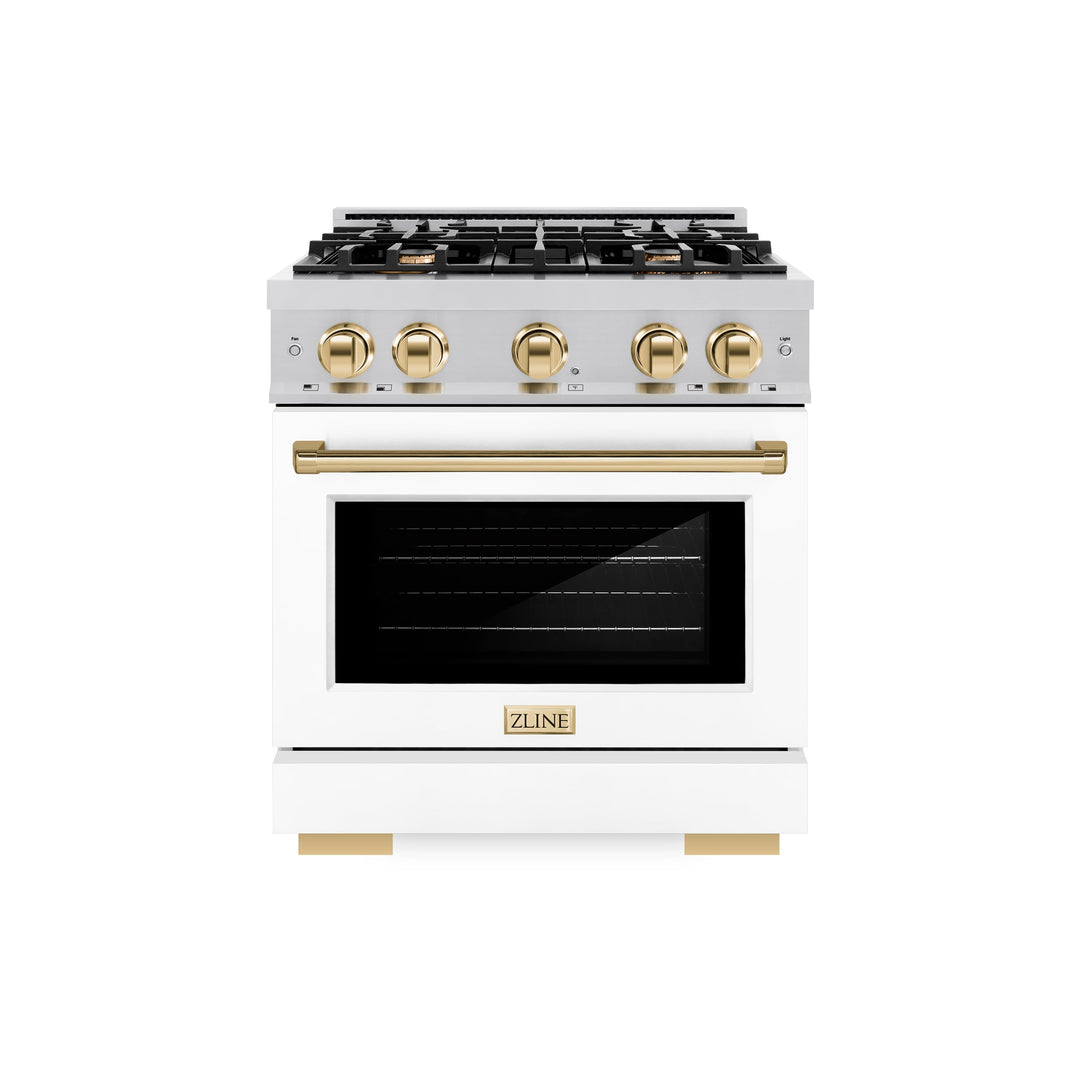 ZLINE Autograph 30" 4.2 cu. ft. Select Gas Range with 4 Burners in Stainless Steel with White Matte Door and Polished Gold Accents, HGRZ-WM-30-G