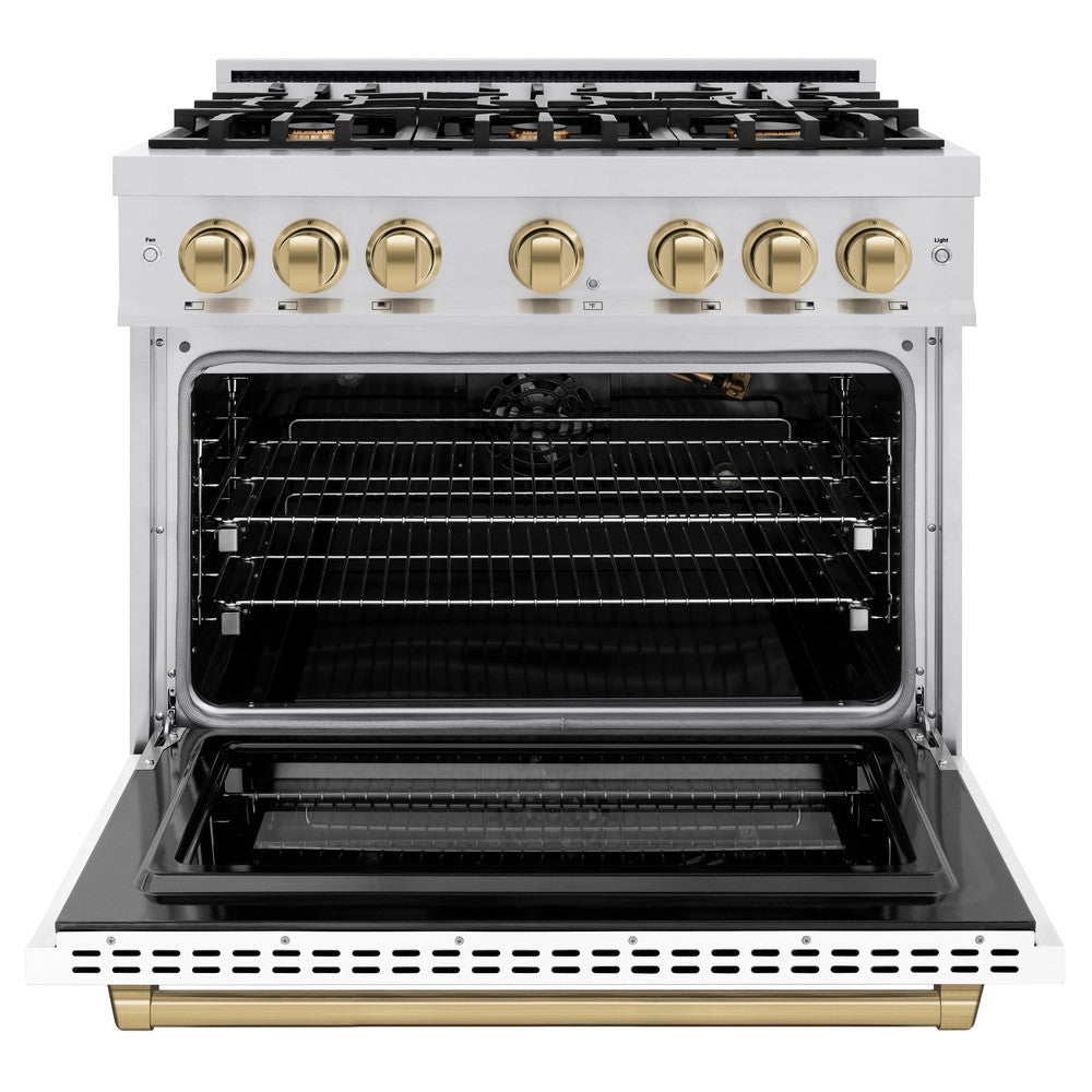 ZLINE Autograph 36" 5.2 cu. ft. Select Gas Range with 6 Burners in Stainless Steel with White Matte Door and Champagne Bronze Accents, HGRZ-WM-36-CB