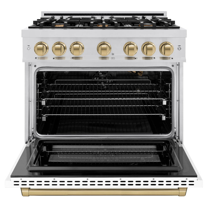 ZLINE Autograph 36" 5.2 cu. ft. Select Gas Range with 6 Burners in Stainless Steel with White Matte Door and Champagne Bronze Accents, HGRZ-WM-36-CB