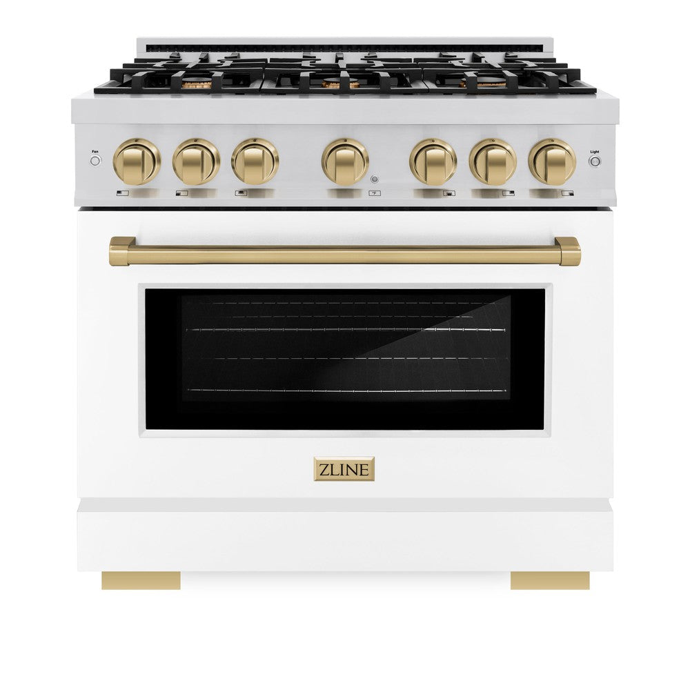 ZLINE Autograph 36" 5.2 cu. ft. Select Gas Range with 6 Burners in Stainless Steel with White Matte Door and Champagne Bronze Accents, HGRZ-WM-36-CB