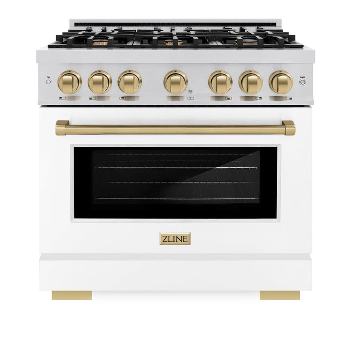 ZLINE Autograph 36" 5.2 cu. ft. Select Gas Range with 6 Burners in Stainless Steel with White Matte Door and Champagne Bronze Accents, HGRZ-WM-36-CB