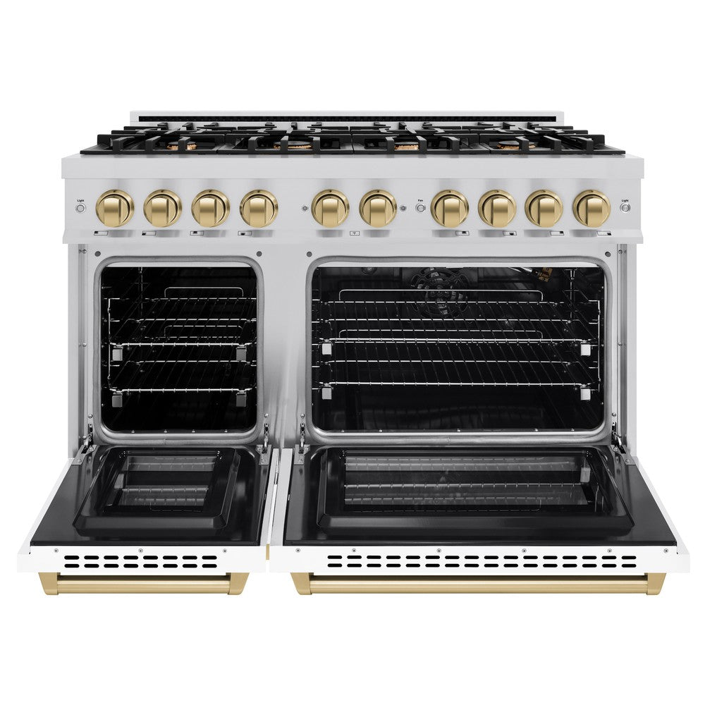 ZLINE Autograph 48" 6.7 cu. ft. Select Double Oven Gas Range with 8 Burners in Stainless Steel with White Matte Doors and Champagne Bronze Accents, HGRZ-WM-48-CB