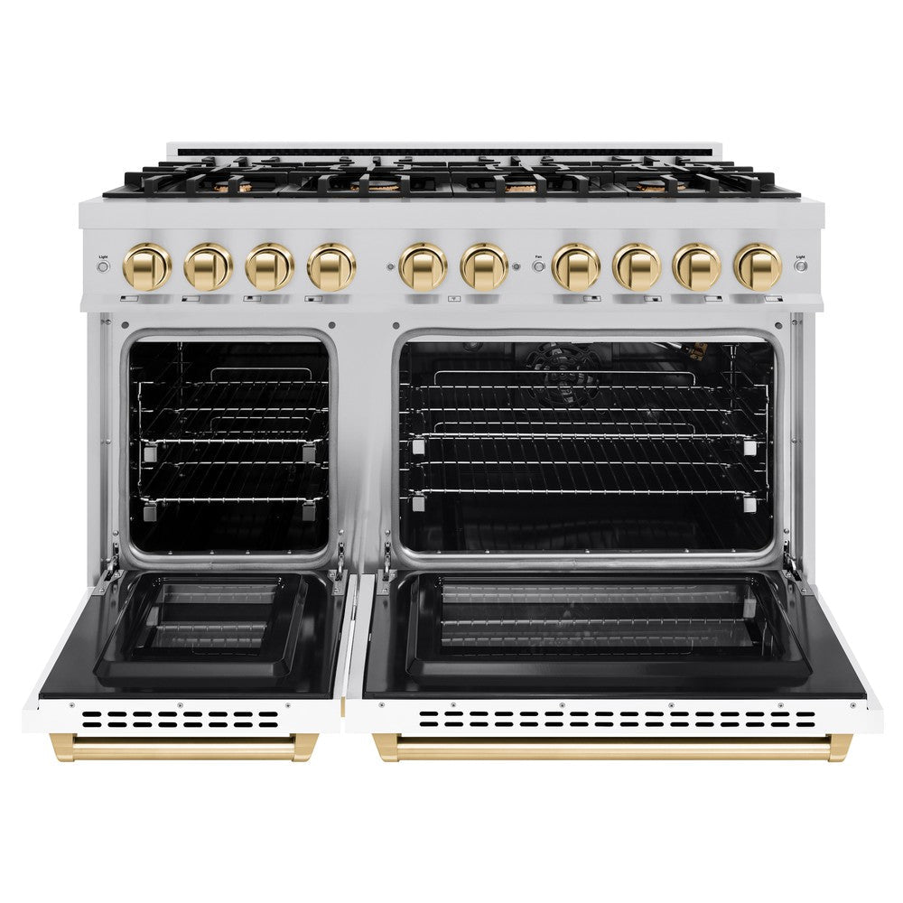 ZLINE Autograph 48" 6.7 cu. ft. Select Double Oven Gas Range with 8 Burners in Stainless Steel with White Matte Doors and Polished Gold Accents, HGRZ-WM-48-G