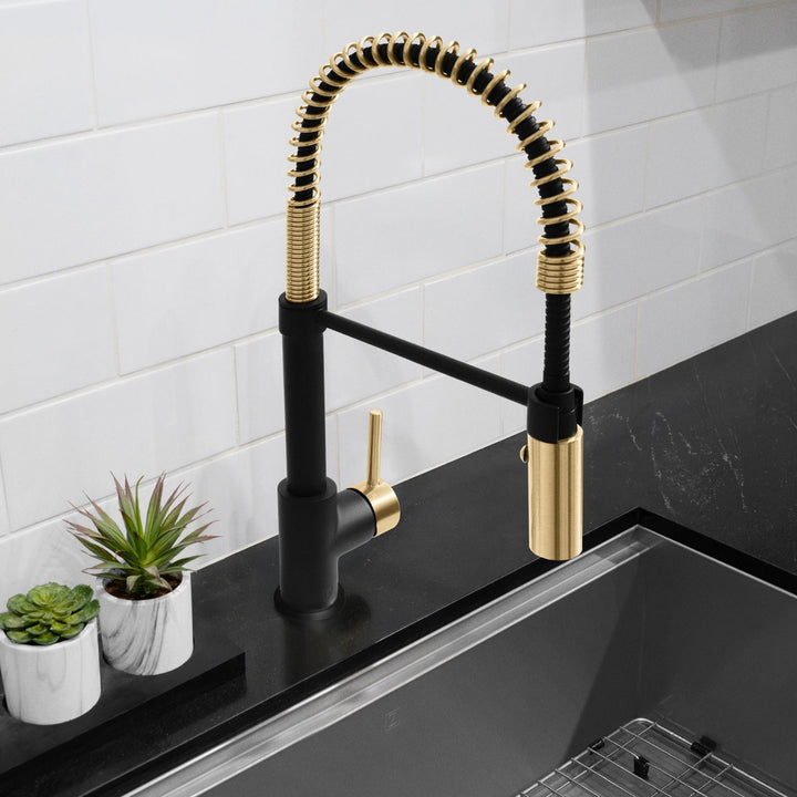 ZLINE Autograph Edition Sierra Pull-Down Spring Single Handle Kitchen Faucet in Matte Black and Champagne Bronze