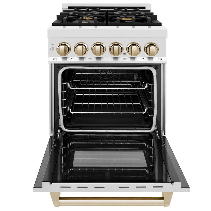 ZLINE Autograph Edition 24 in. 2.8 cu. ft. Legacy Dual Fuel Range with 4 Burner Gas Cooktop and Electric Convection Oven in Stainless Steel and Polished Gold Accents, Open Box-Excellent Condition