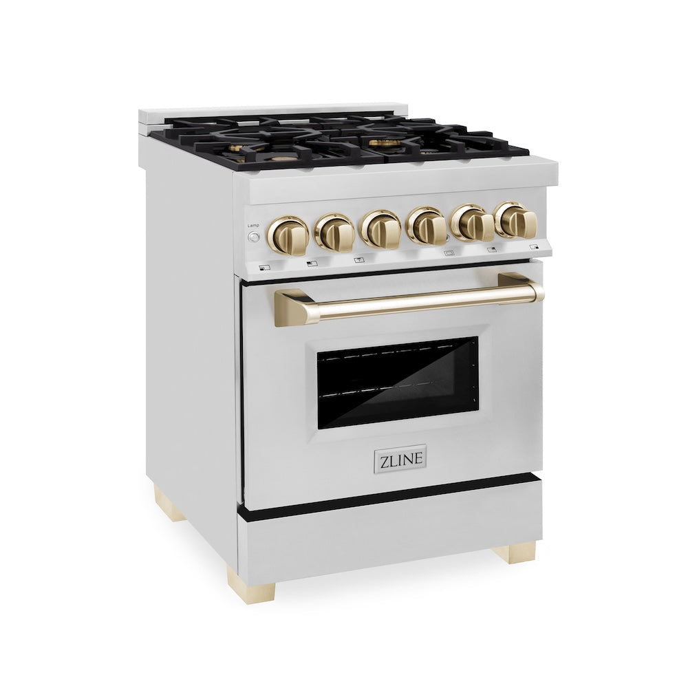 ZLINE Autograph Edition 24 in. 2.8 cu. ft. Legacy Dual Fuel Range with 4 Burner Gas Cooktop and Electric Convection Oven in Stainless Steel and Polished Gold Accents, Open Box-Excellent Condition