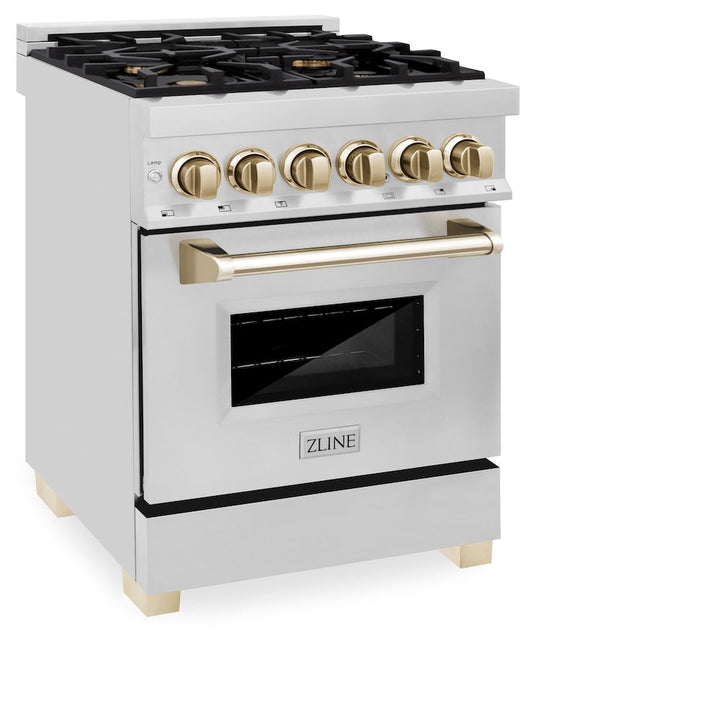 ZLINE Autograph Edition 24 in. 2.8 cu. ft. Legacy Dual Fuel Range with 4 Burner Gas Cooktop and Electric Convection Oven in Stainless Steel and Polished Gold Accents, Open Box-Excellent Condition