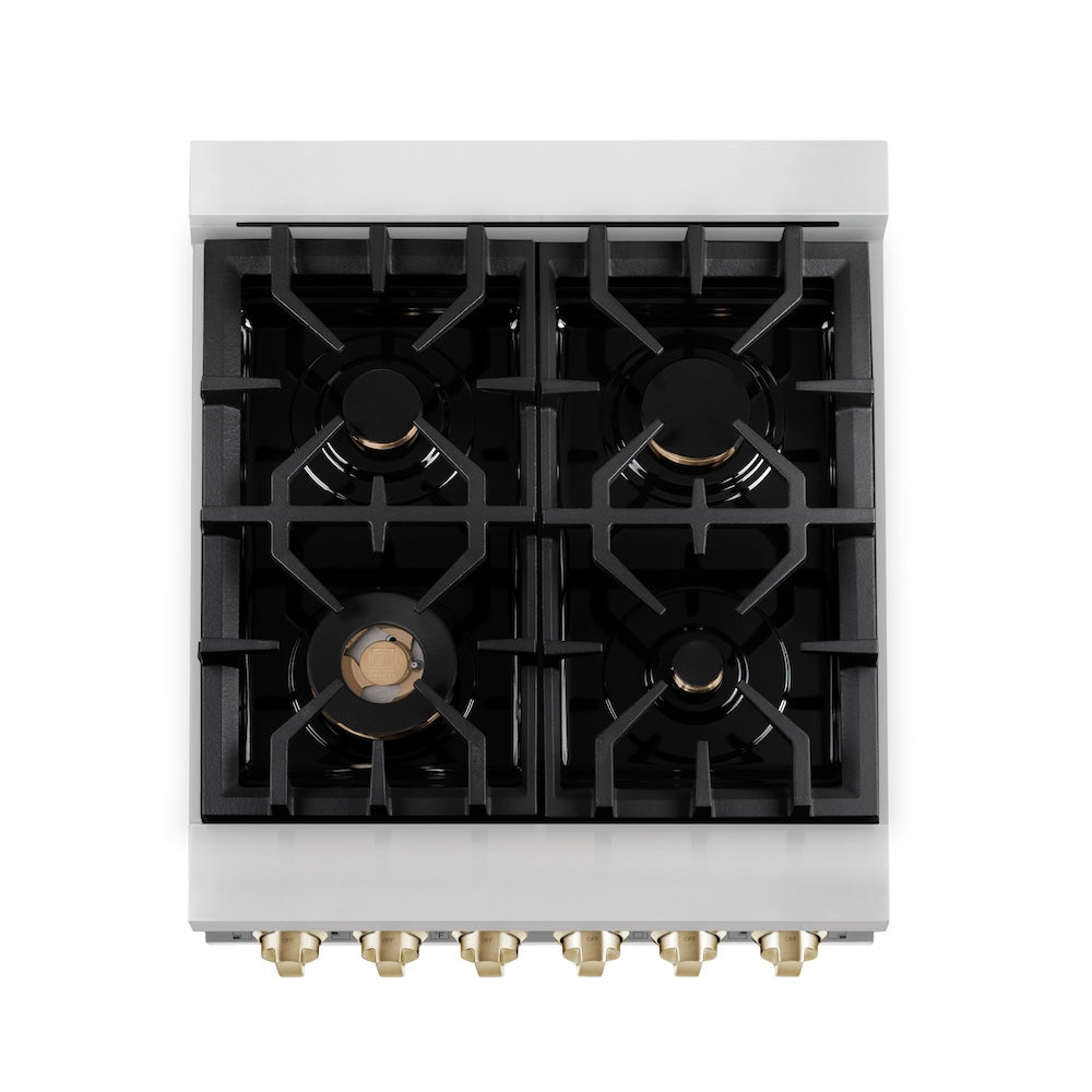 ZLINE Autograph Edition 24 in. 2.8 cu. ft. Legacy Dual Fuel Range with 4 Burner Gas Cooktop and Electric Convection Oven in Stainless Steel and Polished Gold Accents, Open Box-Excellent Condition
