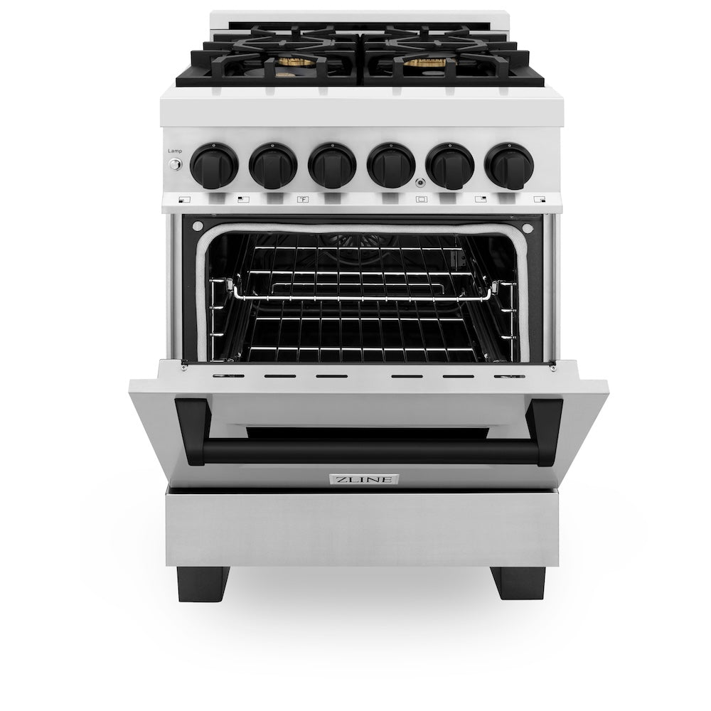 ZLINE Autograph Edition 24 in. 2.8 cu. ft. Legacy Dual Fuel Range with 4 Burner Gas Cooktop and Electric Convection Oven in Stainless Steel and Matte Black Accents, Open Box-Excellent Condition
