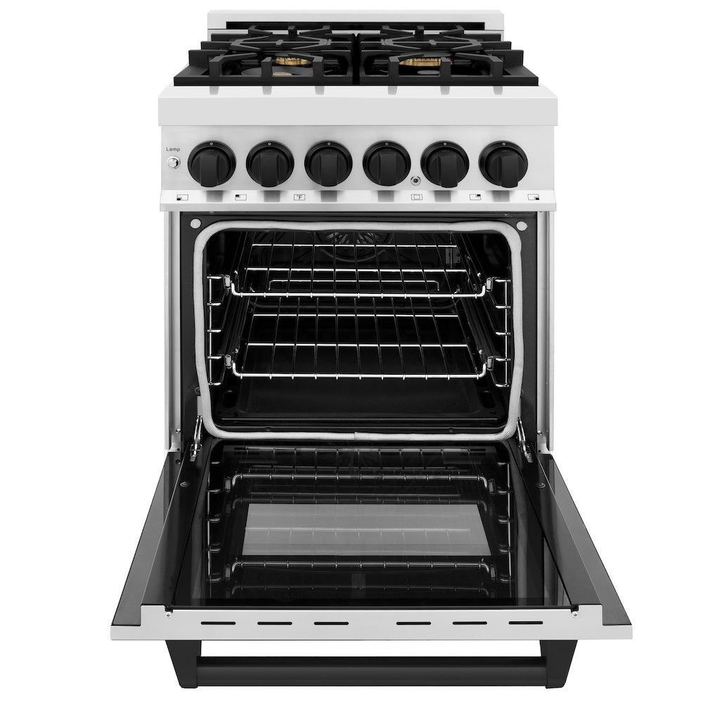 ZLINE Autograph Edition 24 in. 2.8 cu. ft. Legacy Dual Fuel Range with 4 Burner Gas Cooktop and Electric Convection Oven in Stainless Steel and Matte Black Accents, Open Box-Excellent Condition