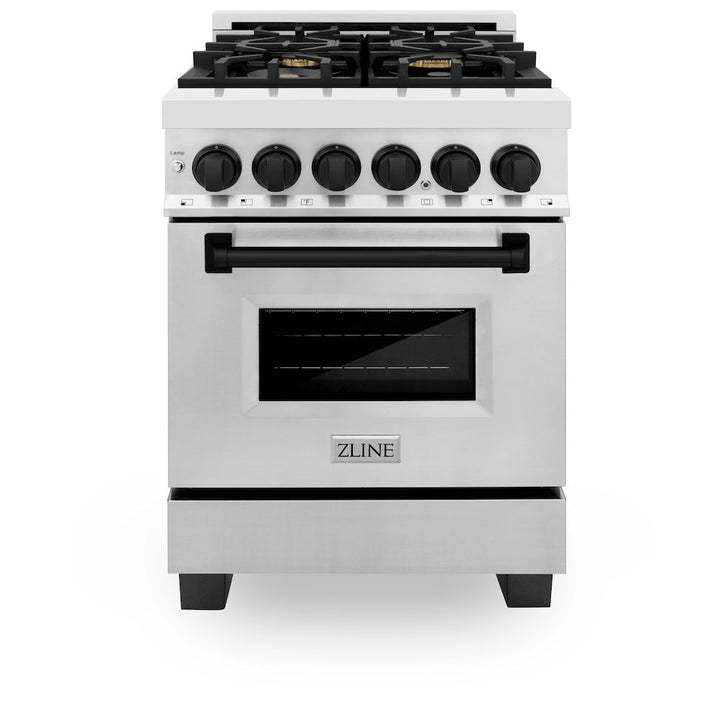 ZLINE Autograph Edition 24 in. 2.8 cu. ft. Legacy Dual Fuel Range with 4 Burner Gas Cooktop and Electric Convection Oven in Stainless Steel and Matte Black Accents, Open Box-Excellent Condition