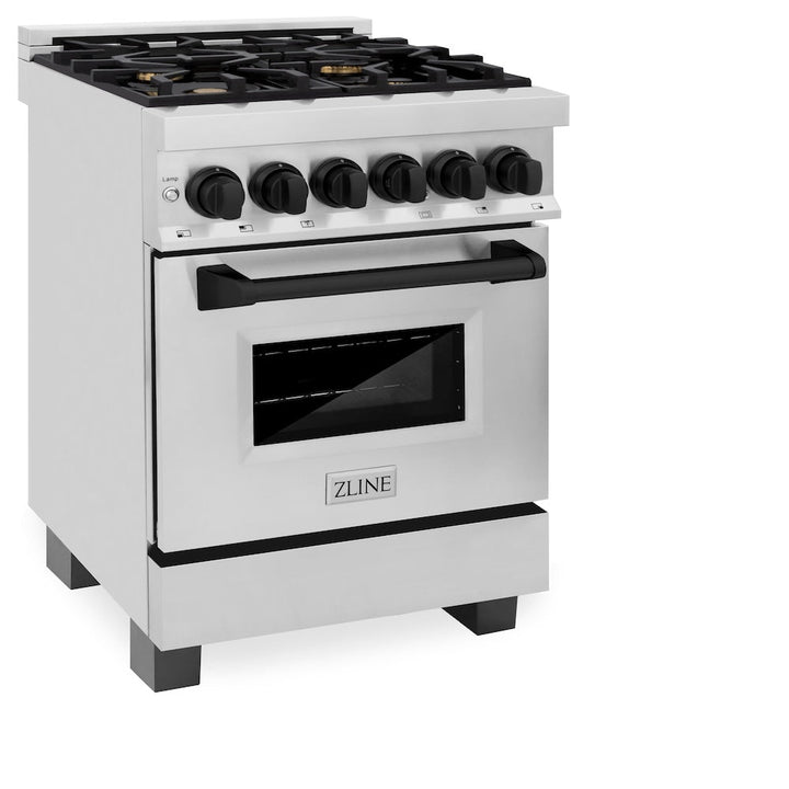 ZLINE Autograph Edition 24 in. 2.8 cu. ft. Legacy Dual Fuel Range with 4 Burner Gas Cooktop and Electric Convection Oven in Stainless Steel and Matte Black Accents, Open Box-Excellent Condition