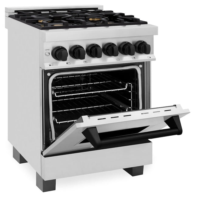ZLINE Autograph Edition 24 in. 2.8 cu. ft. Legacy Dual Fuel Range with 4 Burner Gas Cooktop and Electric Convection Oven in Stainless Steel and Matte Black Accents, Open Box-Excellent Condition
