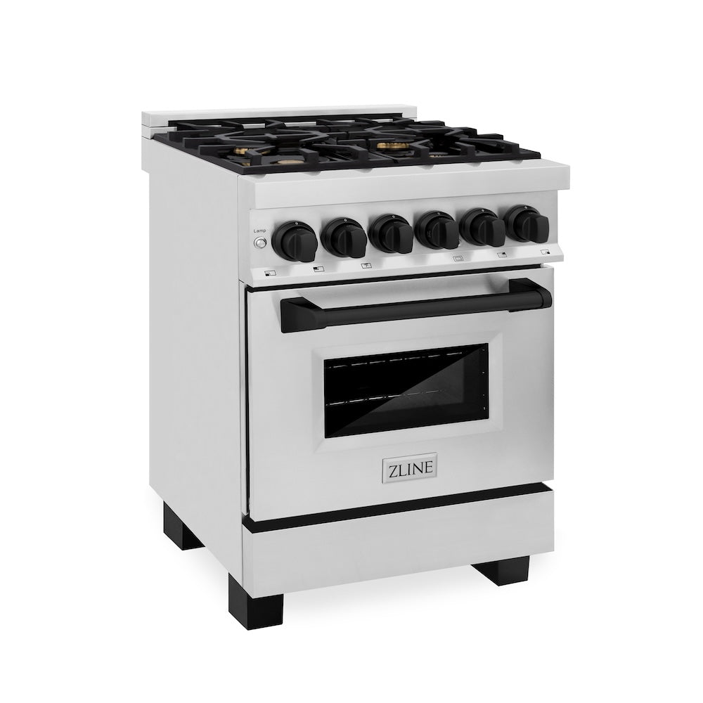 ZLINE Autograph Edition 24 in. 2.8 cu. ft. Legacy Dual Fuel Range with 4 Burner Gas Cooktop and Electric Convection Oven in Stainless Steel and Matte Black Accents, Open Box-Excellent Condition
