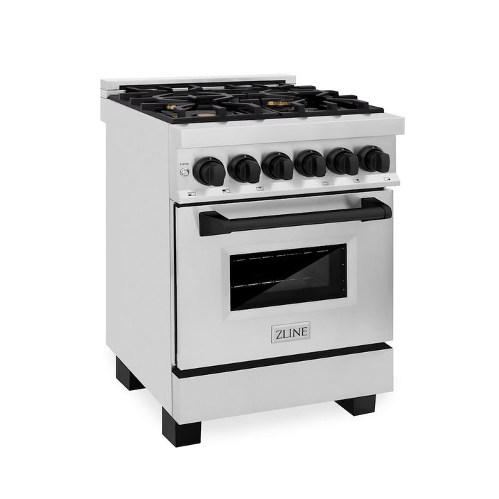 ZLINE Autograph Edition 24 in. 2.8 cu. ft. Legacy Dual Fuel Range with 4 Burner Gas Cooktop and Electric Convection Oven in Stainless Steel and Matte Black Accents, Open Box-Excellent Condition