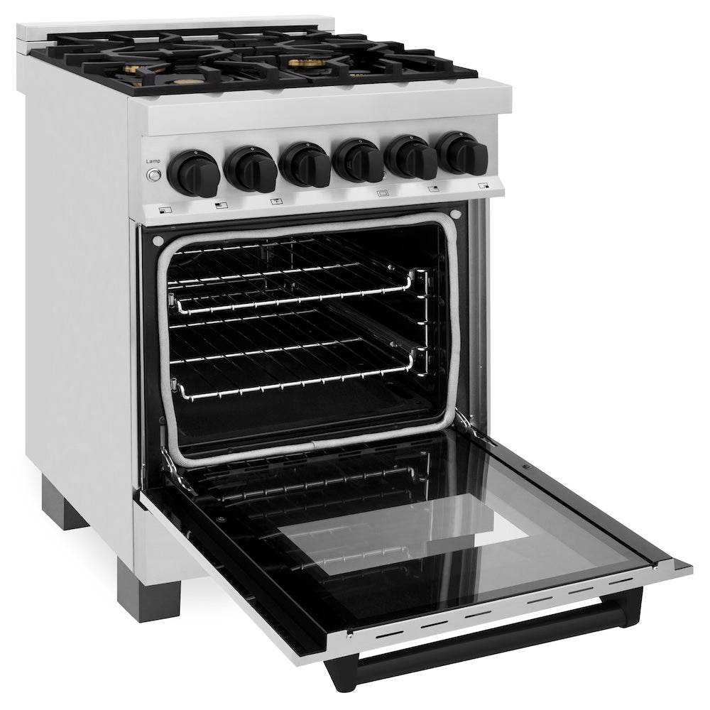 ZLINE Autograph Edition 24 in. 2.8 cu. ft. Legacy Dual Fuel Range with 4 Burner Gas Cooktop and Electric Convection Oven in Stainless Steel and Matte Black Accents, Open Box-Excellent Condition