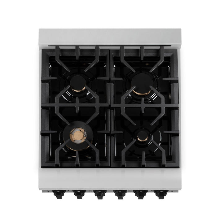 ZLINE Autograph Edition 24 in. 2.8 cu. ft. Legacy Dual Fuel Range with 4 Burner Gas Cooktop and Electric Convection Oven in Stainless Steel and Matte Black Accents, Open Box-Excellent Condition