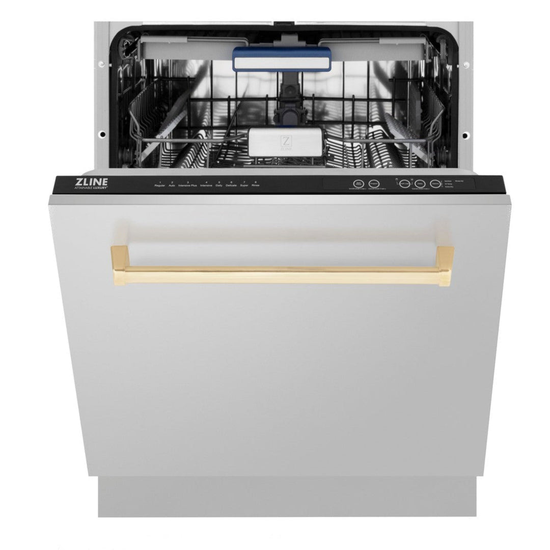 ZLINE 24" Autograph Edition Tallac Series 3rd Rack Top Control Built-In Tall Tub Dishwasher in Stainless Steel with Polished Gold Handle