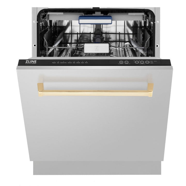 ZLINE 24" Autograph Edition Tallac Series 3rd Rack Top Control Built-In Tall Tub Dishwasher in Stainless Steel with Polished Gold Handle
