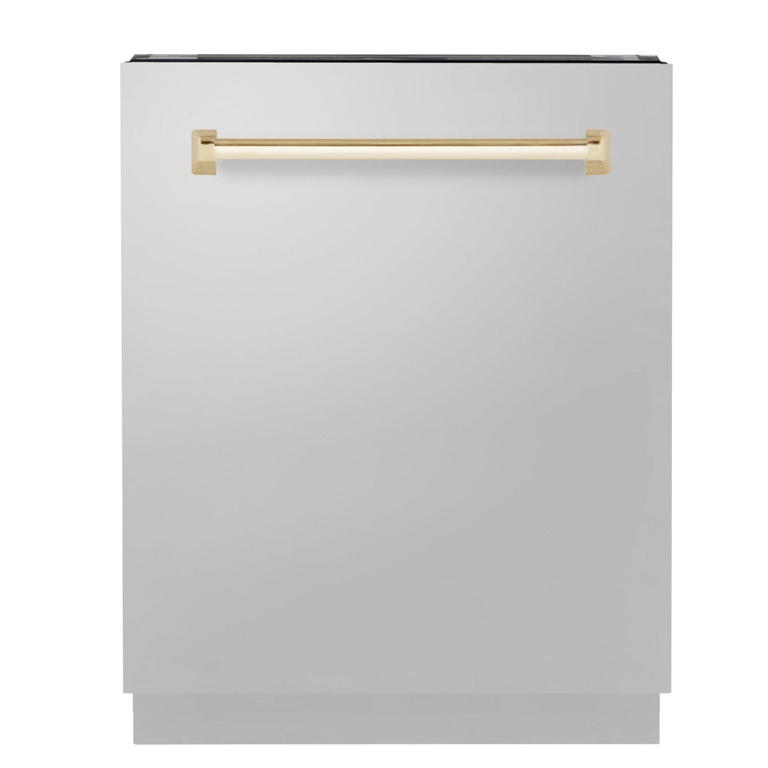 ZLINE 24" Autograph Edition Tallac Series 3rd Rack Top Control Built-In Tall Tub Dishwasher in Stainless Steel with Polished Gold Handle