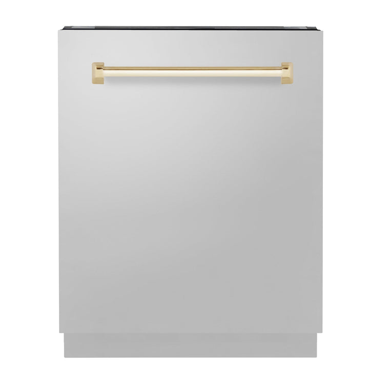 ZLINE 24" Autograph Edition Tallac Series 3rd Rack Top Control Built-In Tall Tub Dishwasher in Stainless Steel with Polished Gold Handle