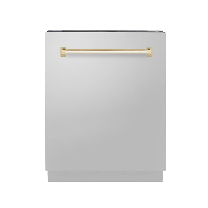 ZLINE 24" Autograph Edition Tallac Series 3rd Rack Top Control Built-In Tall Tub Dishwasher in Stainless Steel with Polished Gold Handle