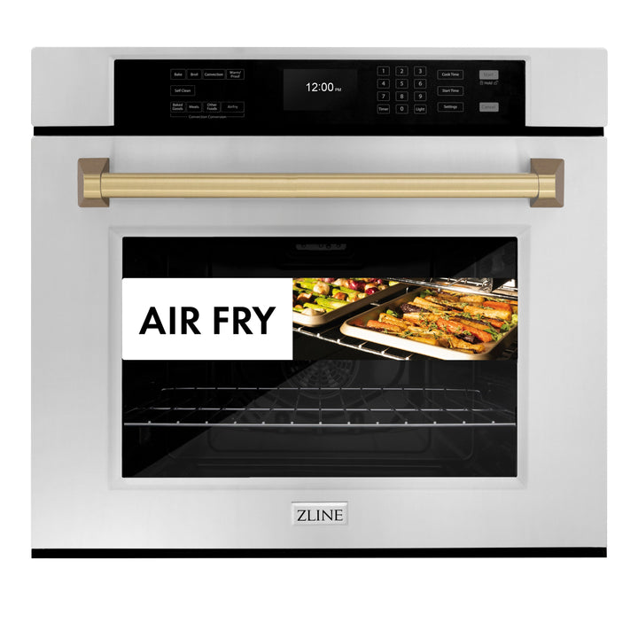 ZLINE 30" Autograph Single Wall Oven with Air Fry and Self-Clean in Stainless Steel and Champagne Bronze Handle, WASZ-30-CB