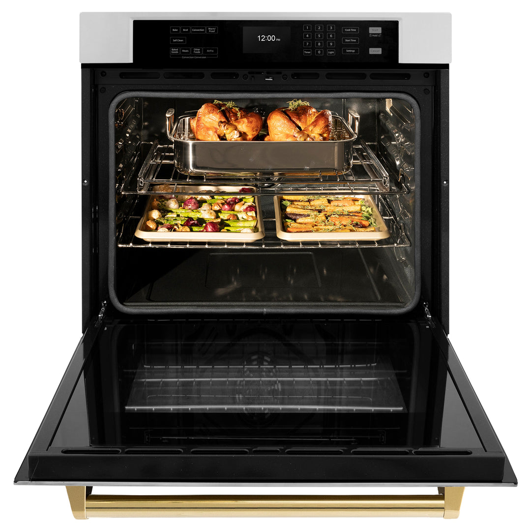 ZLINE 30" Autograph Single Wall Oven with Air Fry and Self-Clean in Stainless Steel and Gold Handle, WASZ-30-G