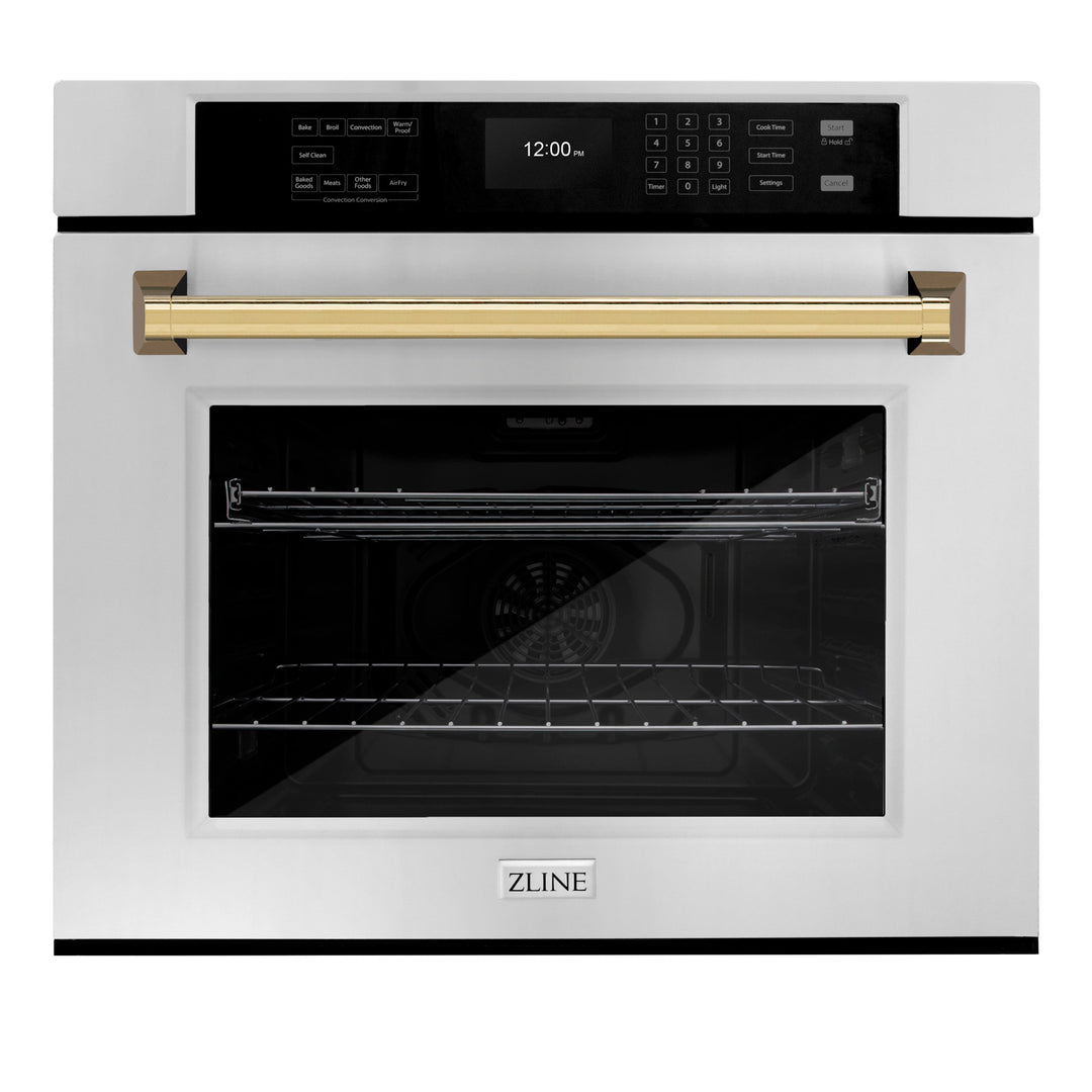 ZLINE 30" Autograph Single Wall Oven with Air Fry and Self-Clean in Stainless Steel and Gold Handle, WASZ-30-G