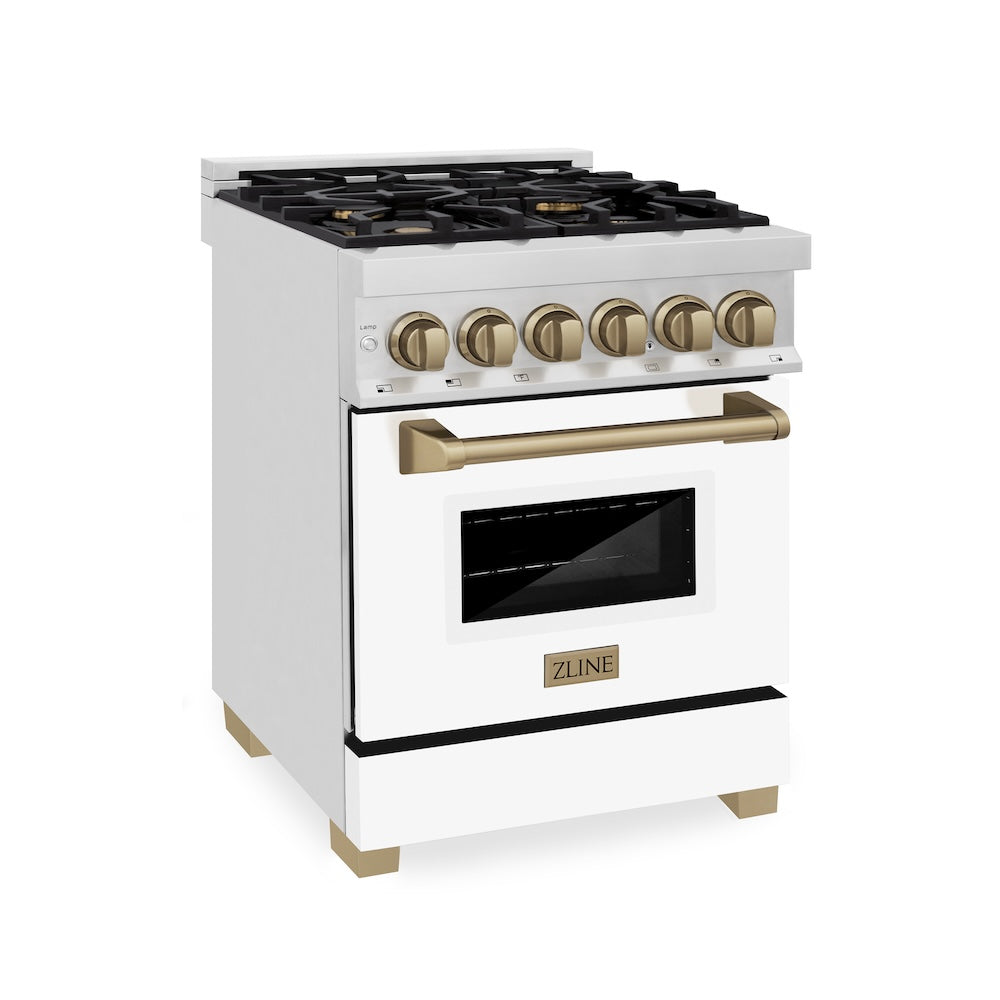 ZLINE Autograph Edition 24 in. 2.8 cu. ft. Legacy Dual Fuel Range with 4 Burner Gas Cooktop and Electric Convection Oven in Stainless Steel with White Matte Door and Champagne Bronze Accents, Open Box-Excellent Condition